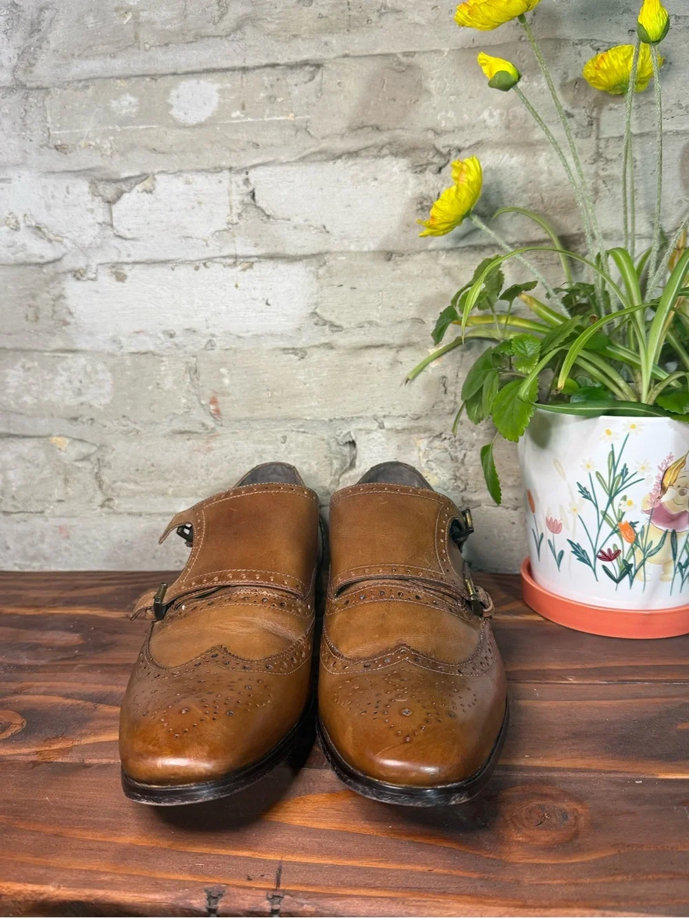 Giorgio Brutini Tan Brown Leather Wingtip Monk Strap Oxfords